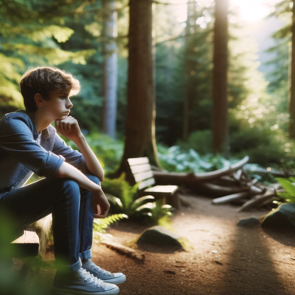 A single teenager outside in a natural setting, deep in thought. The teenager is sitting on a bench or a rock, surrounded by trees and greenery, with a contemplative expression. The atmosphere is peaceful and serene, with soft sunlight filtering through the leaves. The scene conveys a sense of introspection and connection with nature.